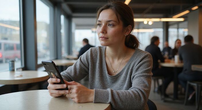 Een vrouw in een café verdiept in een datingapp op haar telefoon. Een vrouw in een café verdiept in een datingapp voor erotisch contact in Antwerpen op haar telefoon.