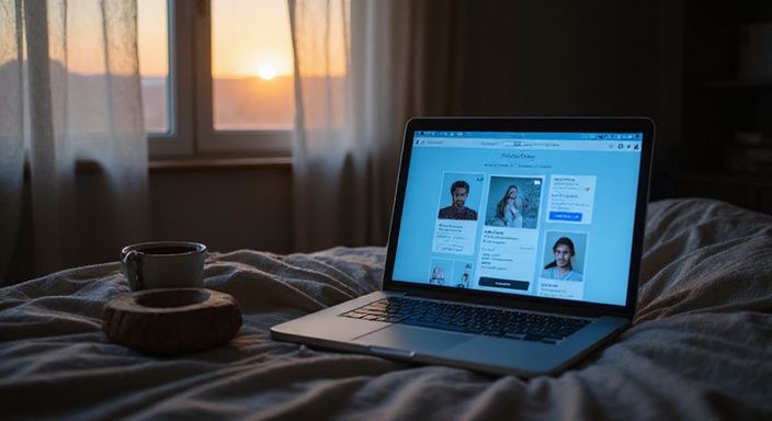 Een MacBook Pro toont een datingapp in een slaapkameromgeving. Een MacBook Pro toont een datingapp voor erotisch contact in Vlaandere in een slaapkameromgeving.