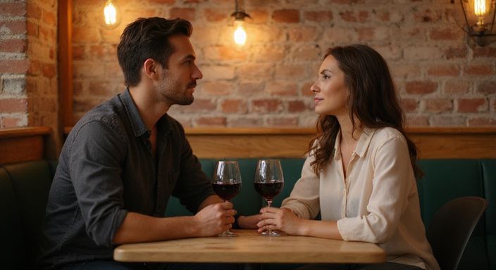 Twee volwassenen genieten van een intieme conversatie in een café. Twee volwassenen genieten van een intieme conversatie over erotisch contact Vlaanderen in een café.