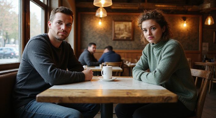 Twee volwassenen zitten aan een verweerd tafel in een café. Twee volwassenen zitten aan een verweerd tafel in een café.