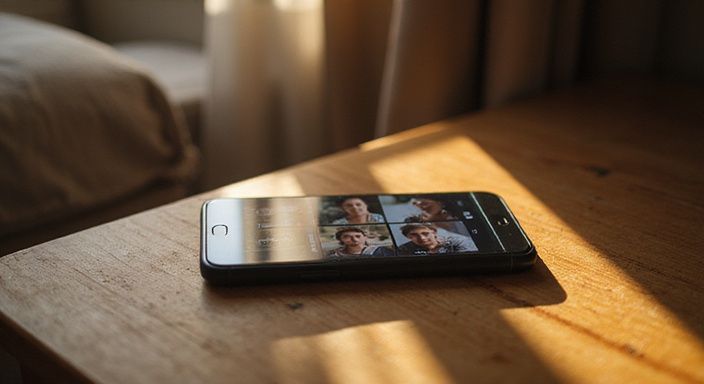 Een smartphone toont een dating-app met profielen van volwassenen. Een smartphone toont een dating-app met profielen van erotisch contact in Vlaandere.