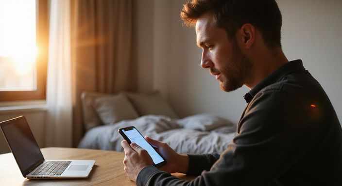 Een man in zijn twenties kijkt geconcentreerd naar zijn smartphone. Een man in zijn twenties kijkt geconcentreerd naar zijn smartphone.