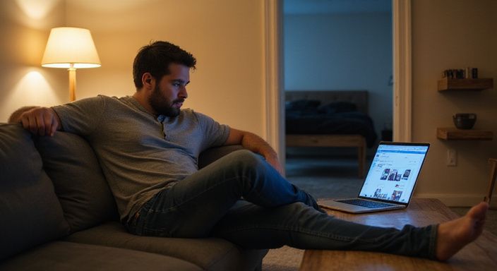 Een man ontspant op een bank met een laptop op schoot. Een man ontspant op een bank met een laptop op schoot.