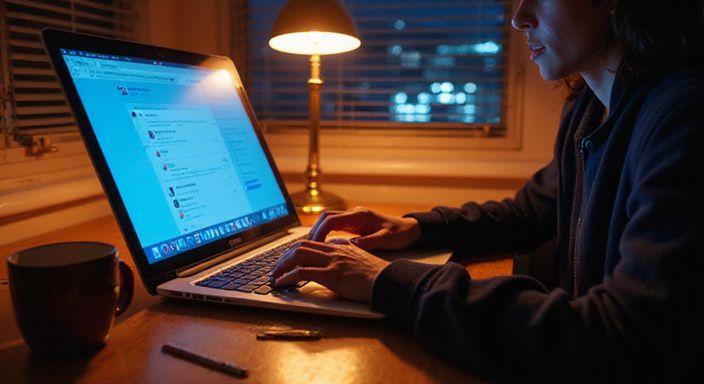 Een persoon werkt geconcentreerd op een laptop aan een bureau. Een persoon werkt geconcentreerd op een laptop aan een bureau.