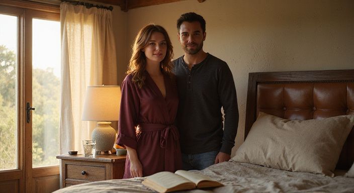 Een ontspannen koppel staat naast een bed in een sfeervolle slaapkamer. Een ontspannen koppel staat naast een bed in een sfeervolle slaapkamer.