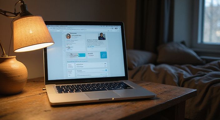 Een MacBook Pro met een datingapp op een houten bureau. Een MacBook Pro met een datingapp voor BDSM sexcontacten op een houten bureau.