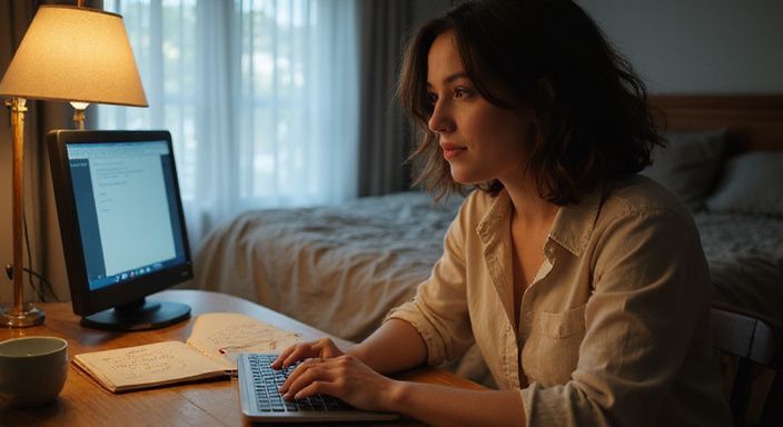 Een vrouw verdiept in haar laptop met notities over persoonlijke grenzen. Een vrouw verdiept in haar laptop met notities over persoonlijke grenzen.