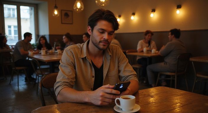 Een contemplatieve jongvolwassene zit alleen in een gezellig café. Een contemplatieve jongvolwassene zit alleen in een gezellig café.