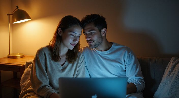 Een man en vrouw zitten samen op een bank, verdiept in gesprek. Een man en vrouw zitten samen op een bank, verdiept in gesprek over BDSM sexcontacten.
