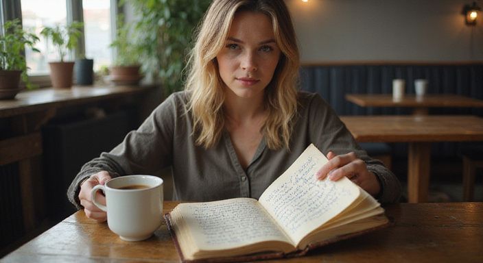 Vrouw met een journal, verdiept in persoonlijke overpeinzingen.