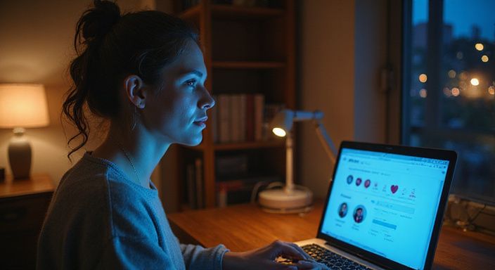 Een vrouw in haar vroege dertiger jaren onderzoekt een datingapp.