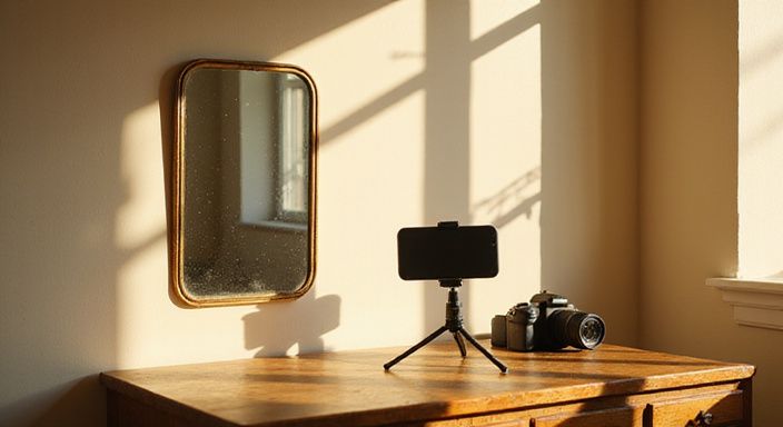 Een minimalistische contentcreatiewerkplek met vintage elementen en apparatuur.