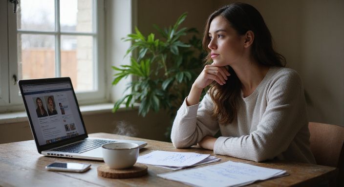 Een vrouw zit nadenkend achter een bureau met een open laptop.