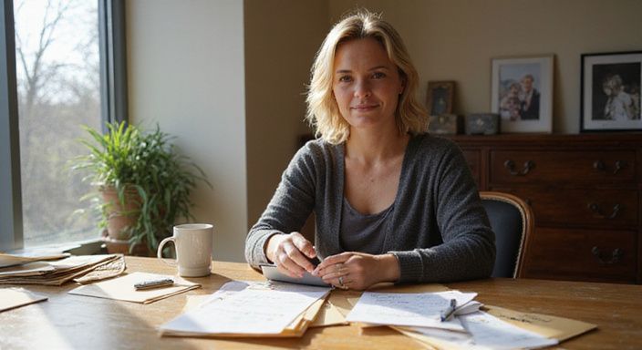 Een vrouw werkt geconcentreerd aan een bureau met documenten en een iPad.