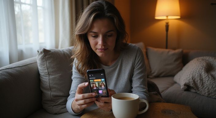 Een persoon swipe op een dating-app terwijl ze in gedachten verzonken zijn.