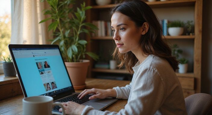 Een vrouw in een thuiswerkruimte kijkt geconcentreerd naar haar laptop.