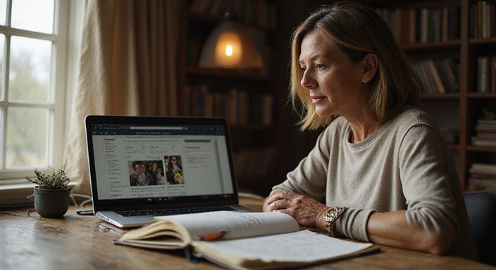 Een vrouw in de veertig concentreert zich op haar laptop.