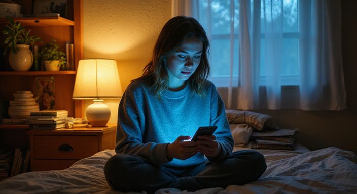 Een jonge vrouw zit op een bed en kijkt geconcentreerd naar haar smartphone. Een jonge vrouw zit op een bed en kijkt geconcentreerd naar haar smartphone.