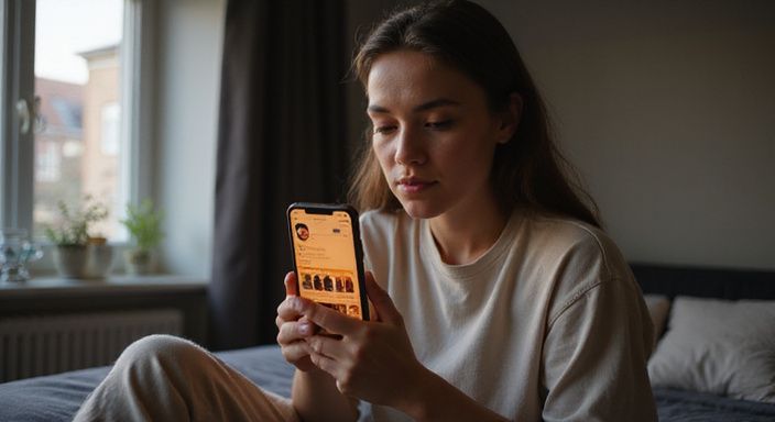 Een persoon in casual kleding kijkt contemplatief naar hun smartphone. Een persoon in casual kleding kijkt contemplatief naar hun smartphone.