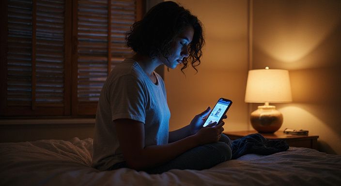 Een vrouw in een slaapkamer kijkt naar haar smartphone. Een vrouw in een slaapkamer kijkt naar haar smartphone.
