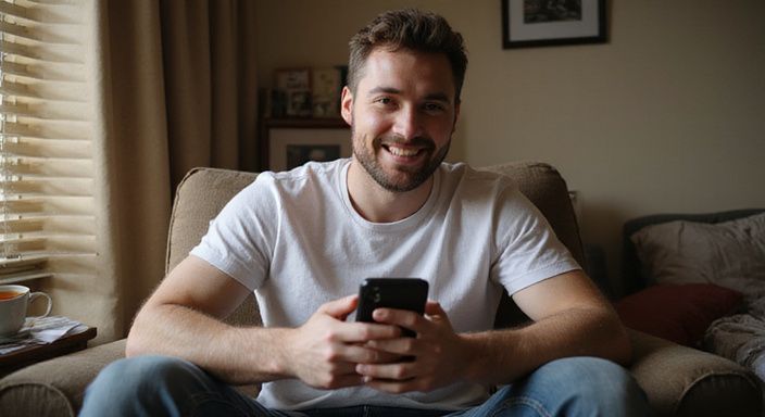 Een warme man in een huiselijke setting met een smartphone. Een warme man in een huiselijke setting met een smartphone.