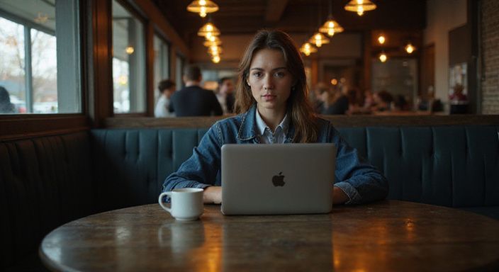 Een jonge vrouw werkt geconcentreerd alleen in een café. Een jonge vrouw werkt geconcentreerd alleen in een café.