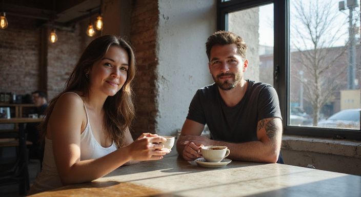 Twee volwassenen genieten van een gesprek in een café. Twee volwassenen genieten van een gesprek in een café.