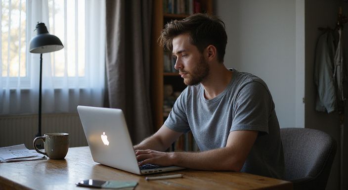 Een persoon in een thuiswerkruimte, gefocust op hun laptop. Een persoon in een thuiswerkruimte, gefocust op hun laptop.