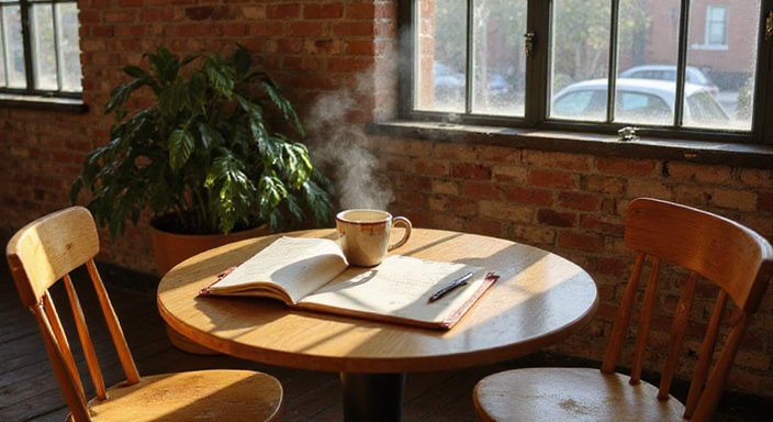 Twee houten stoelen met een tafel, handgemaakte mokken en een notitieboek. Twee houten stoelen met een tafel, handgemaakte mokken en een notitieboek.