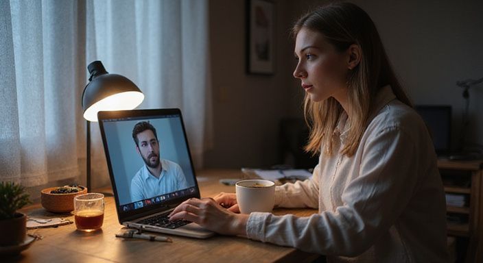 Een vrouw in een thuiswerkkantoor tijdens een video-oproep. Een vrouw in een thuiswerkkantoor tijdens een video-oproep.