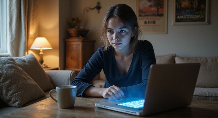 Een vrouw zit geconcentreerd aan een koffie tafel met een laptop. Een vrouw zit geconcentreerd aan een koffie tafel met een laptop.