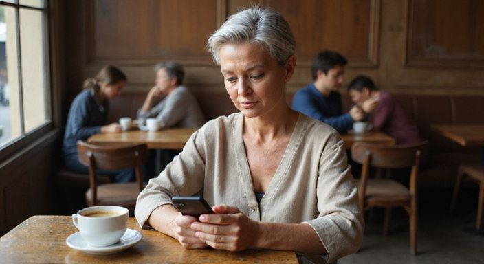 Een vrouw in de zestig zit alleen met een smartphone. Een vrouw in de zestig zit alleen met een smartphone.