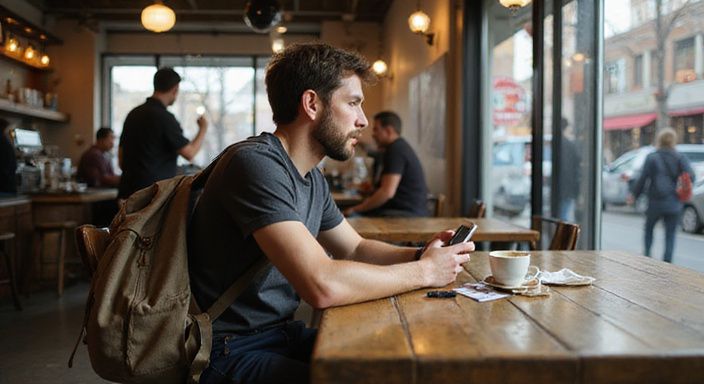 Een man met een telefoon wacht in een druk café. Een man met een telefoon wacht in een druk café.