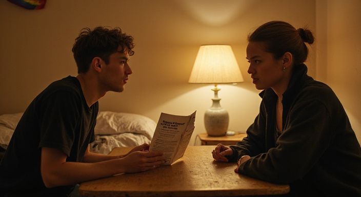 Twee mensen delen een intiem gesprek over seksuele gezondheid en grenzen. Twee mensen delen een intiem gesprek over sexcontact met trans, gay of lesbisch.