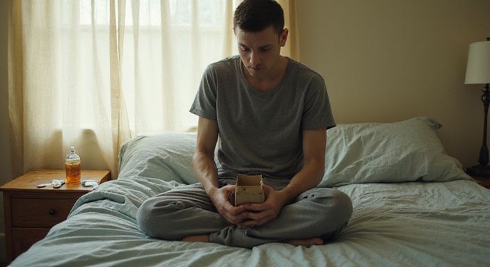 Een jonge volwassene onderzoekt een doos condooms op een bed. Een jonge volwassene onderzoekt een doos condooms op een bed.