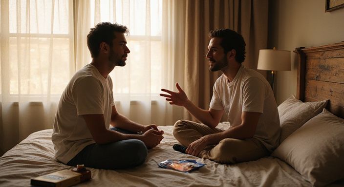 Twee volwassenen zitten op bed en hebben een diepgaand gesprek. Twee volwassenen zitten op bed en hebben een diepgaand gesprek.