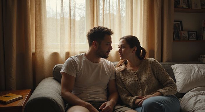Twee mensen in een slaapkamer, verdiept in een oprechte conversatie. Twee mensen in een slaapkamer, verdiept in een oprechte conversatie.