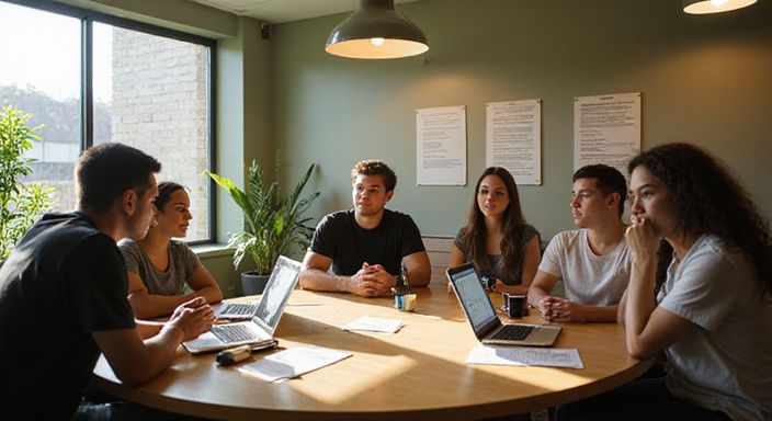 Een diverse groep jonge volwassenen in gesprek rond een tafel. Een diverse groep jonge volwassenen in gesprek rond een tafel.
