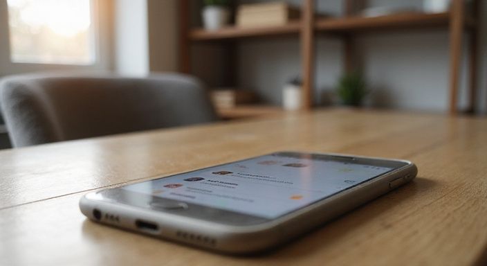 Een smartphone op een bureau toont een datingapplicatie-interface. Een smartphone op een bureau toont een datingapplicatie-interface.