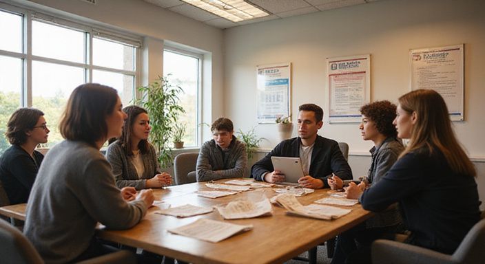 Een diverse groep jonge volwassenen bespreekt gezondheid in een gemeenschapscentrum. Een diverse groep jonge volwassenen bespreekt gezondheid in een gemeenschapscentrum.