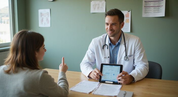 Een arts bespreekt laboratoriumresultaten met een patiënt in een moderne kliniek. Een arts bespreekt laboratoriumresultaten met een patiënt in een moderne kliniek.