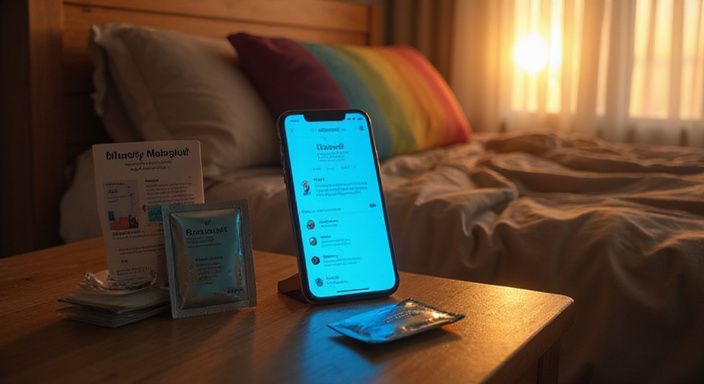 Een datingapp-interface op een smartphone in een slaapkamer met gezondheidsvoorlichting. Een datingapp-interface voor sexcontact trans, gay of lesbisch op een smartphone in een slaapkamer met gezondheidsvoorlichting.