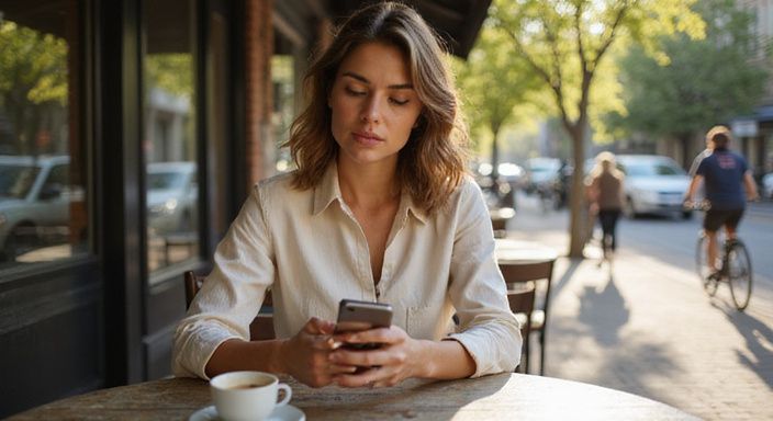 Een vrouw in een café, verdiept in haar smartphone. Een vrouw in een café, verdiept in haar smartphone.