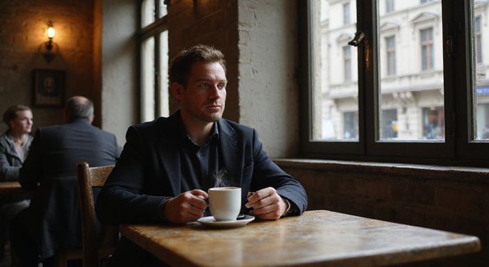 Een ontspannen persoon drinkt koffie in een druk Brussel café. Een ontspannen persoon drinkt koffie in een druk Brussel café.