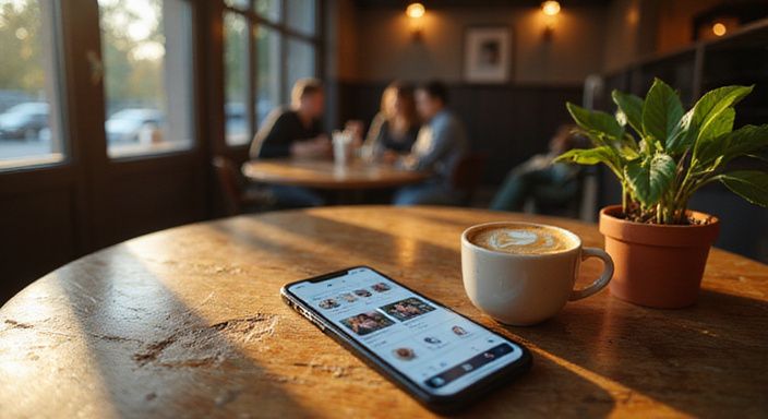 Een smartphone op een tafel naast een cappuccino en plant. Een smartphone op een tafel naast een cappuccino en plant.