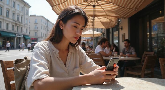 Een vrouw in casual kleding concentreert zich op haar telefoon. Een vrouw in casual kleding concentreert zich op haar telefoon.