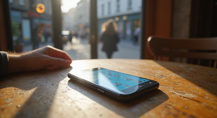 Een smartphone met een dating-app ligt op een houten café tafel. Een smartphone met een dating-app voor sexcontact met vrouwen van 25 t/m 40 jaar.
