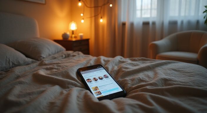 Een smartphone toont een datingapp op een bed met een kussen. Een smartphone toont een datingapp voor sexcontact met vrouwen van 25 t/m 40 jaar.