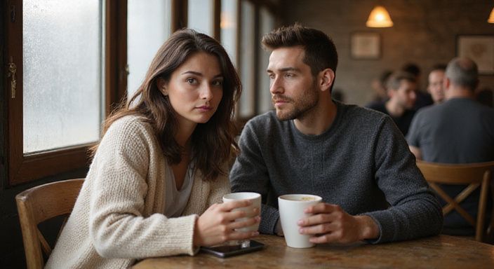 Twee volwassenen delen een oprechte, betrokken conversatie in een café. Twee volwassenen delen een oprechte, betrokken conversatie over sexcontact met vrouwen van 25 t/m 40 jaar.