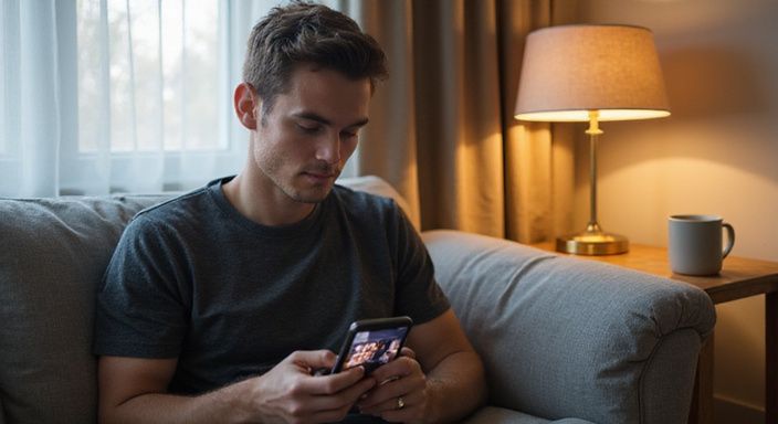 Een persoon in een grijs t-shirt ontspant op een bank met smartphone. Een persoon in een grijs t-shirt ontspant op een bank met smartphone.